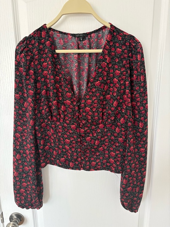 Dynamite Tops - Dynamite Black Blouse with Red Rose Floral Print